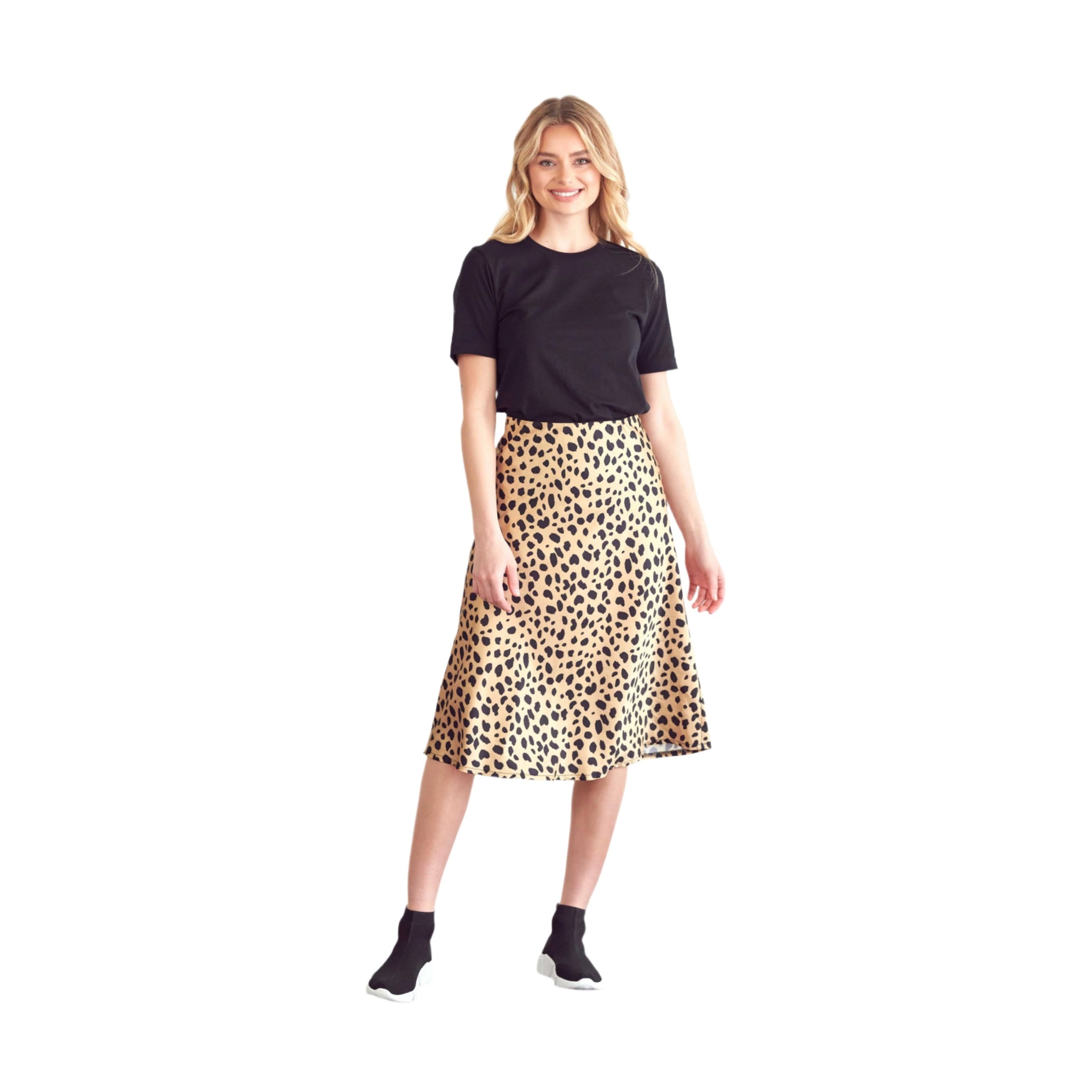 BLUME AND CO. leopard print satin midi skirt for women paired with black t-shirt and ankle socks