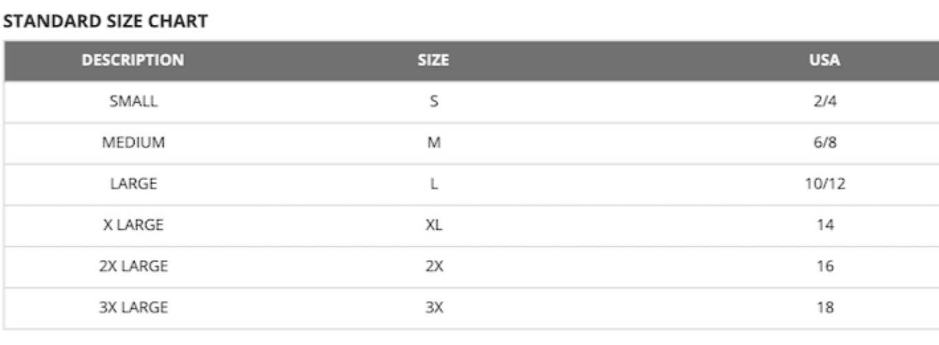 BLUME AND CO. standard size chart for women's skirts including small to 3X large sizes
