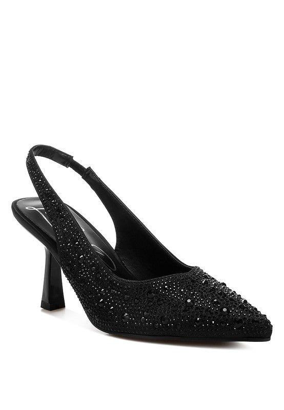 Women’s black satin pearl slingback sandals with decorative embellishments