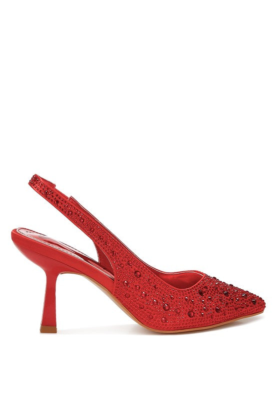Women's satin pearl slingback sandals in red with stylish embellishments