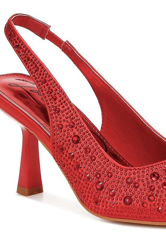 women's red satin pearl slingback sandals, ideal for evening outings