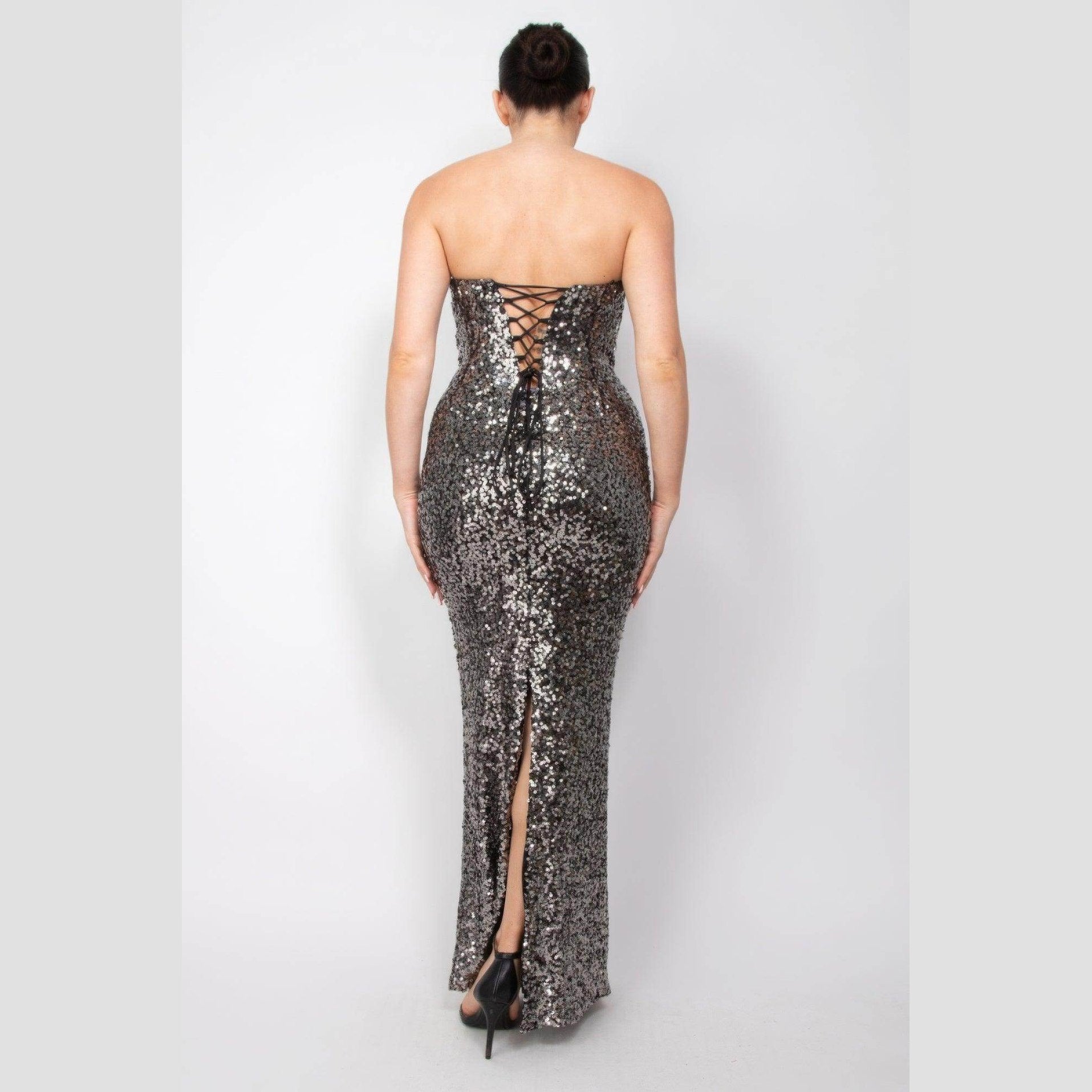 Sequin V-Bar Crisscross Formal Evening Dress - VacationGrabs