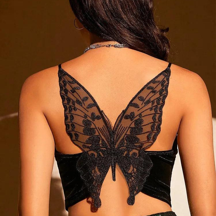 Women's Shirts - Cropped Tops Sexy Butterfly Embroidery Mesh Velvet Cami Top