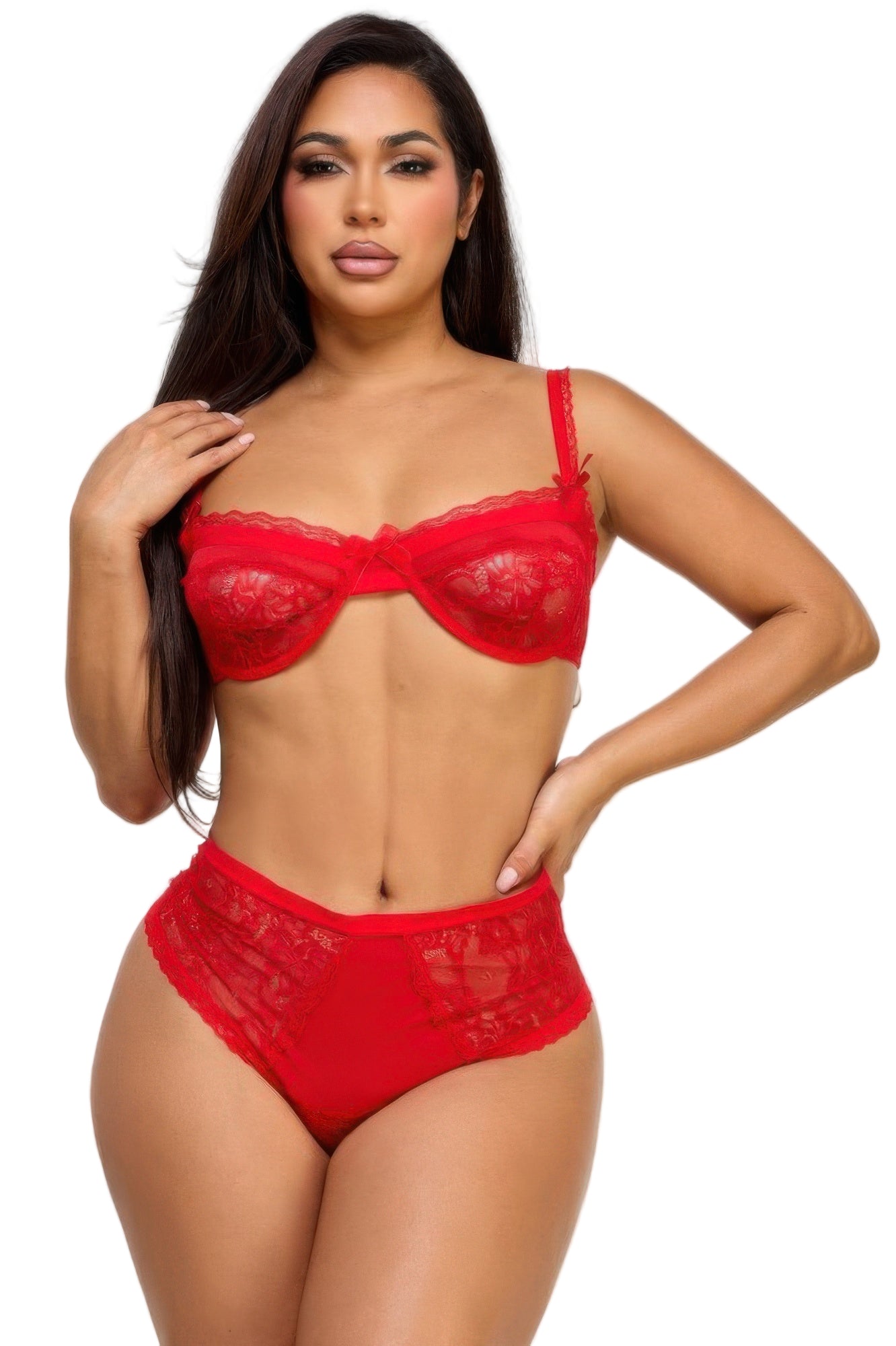 Sexy red bra and panty set featuring delicate lace and a flattering high-waisted design for women
