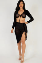 VacationGrabs women's sexy sheer mesh skirt cover up with long sleeves and side slit in black