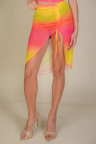 VacationGrabs women's sexy sheer mesh skirt cover up in vibrant pink and yellow gradient