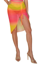 VacationGrabs women's sexy sheer mesh skirt in bright gradient colors with side tie detail