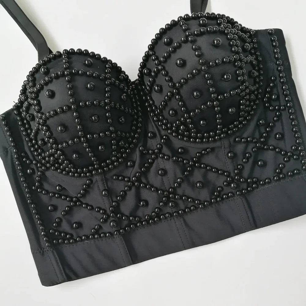 Black sexy strapless pearl bra top with intricate bead detailing and structured cups