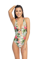 Beach Joy Bikini women's sexy tropical vacation swimsuit with vibrant floral print and plunging neckline