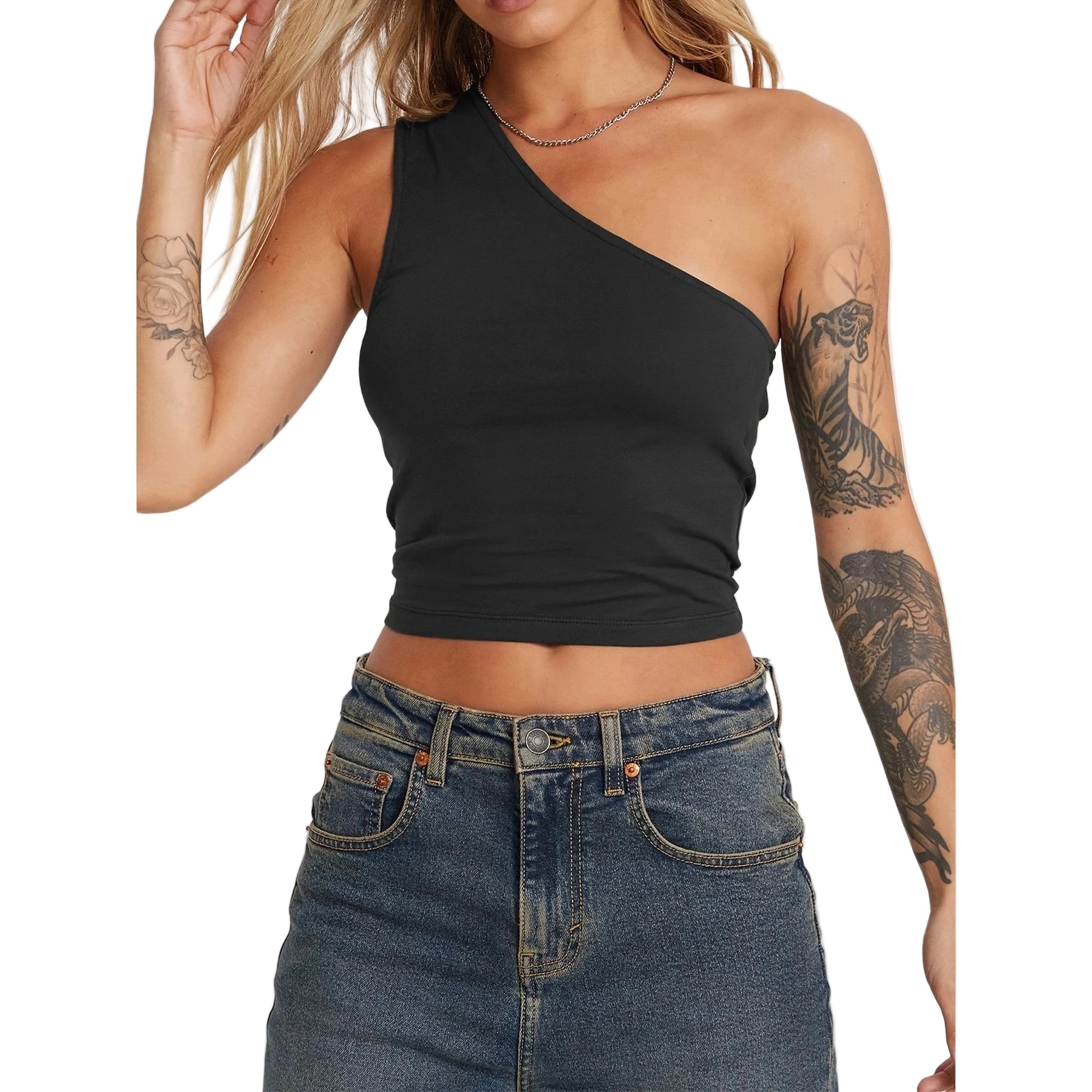 Black one shoulder crop top worn by woman with tattoos paired with denim jeans sexy vacation tops for women