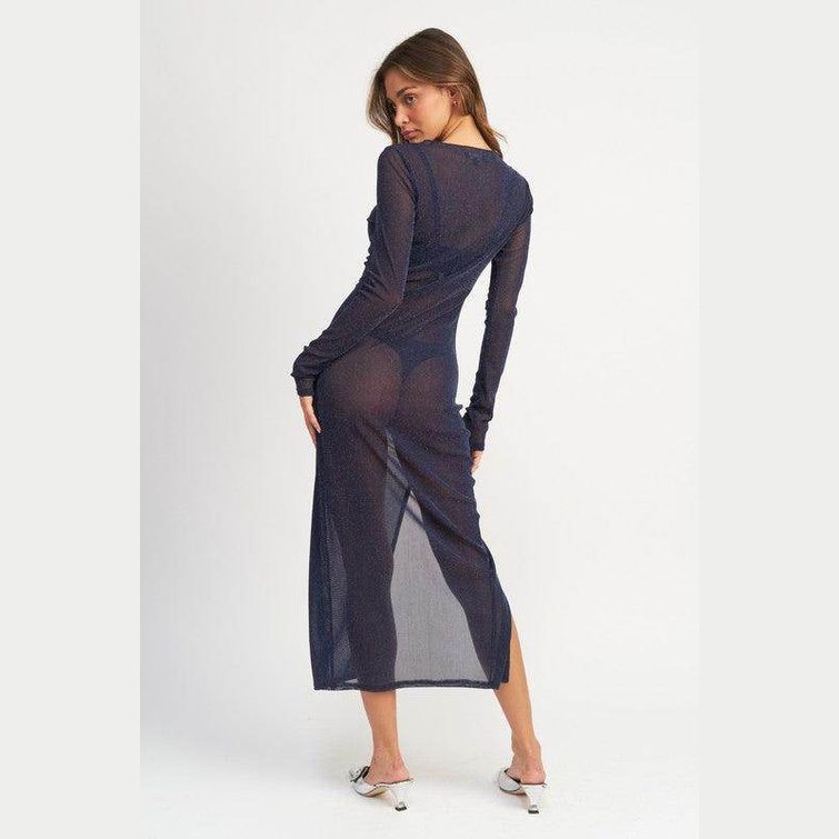 Emory Park sheer cover up dress in navy blue, featuring a long design and back slit for beach style