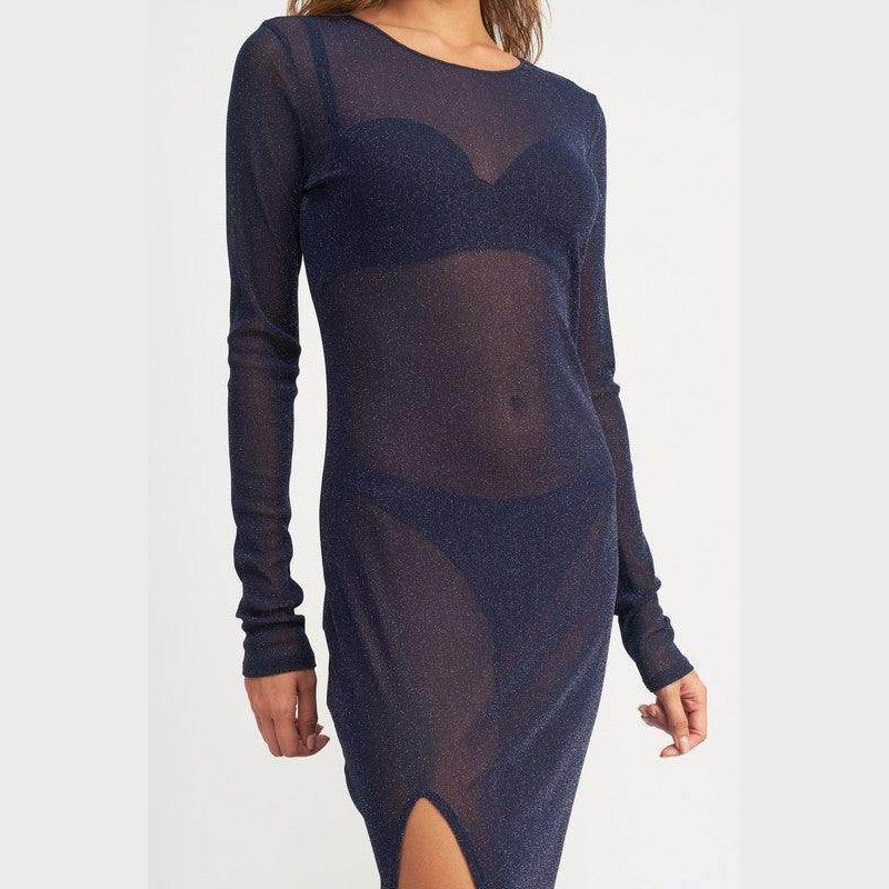 Emory Park sheer cover up dress in navy with long sleeves and a thigh slit for stylish beachwear