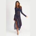 Emory Park sheer cover up dress in navy with long sleeves and a thigh-high slit