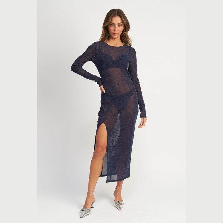 Emory Park sheer cover up dress in navy blue with a thigh-high slit and long sleeves for beachwear