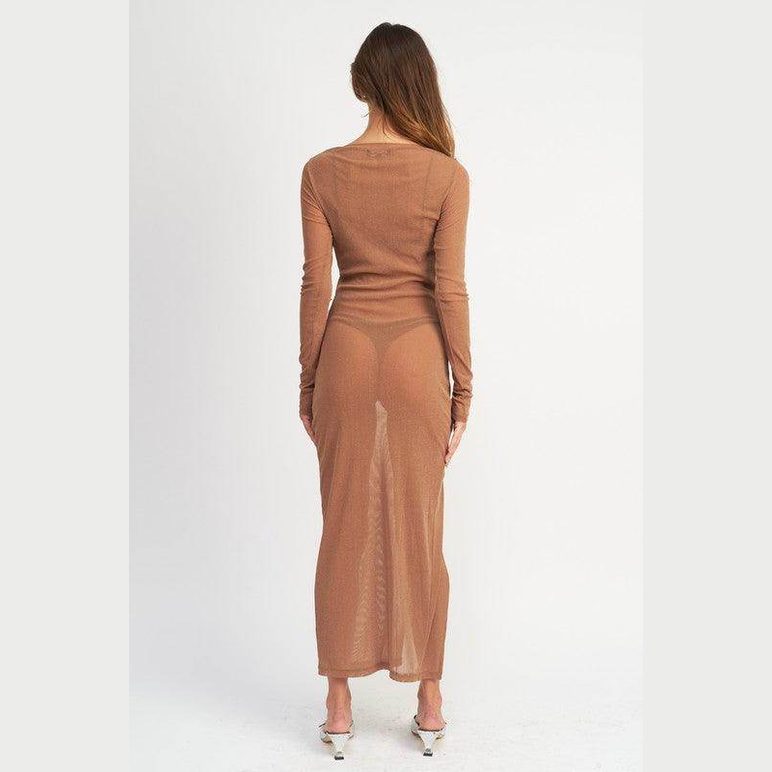 Emory Park Women's Sheer Cover Up Dress in Brown with Long Sleeves for Beach Style