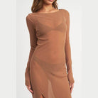 Emory Park Sheer Cover Up Dress in Brown with Long Sleeves and Side Slits for Beachwear