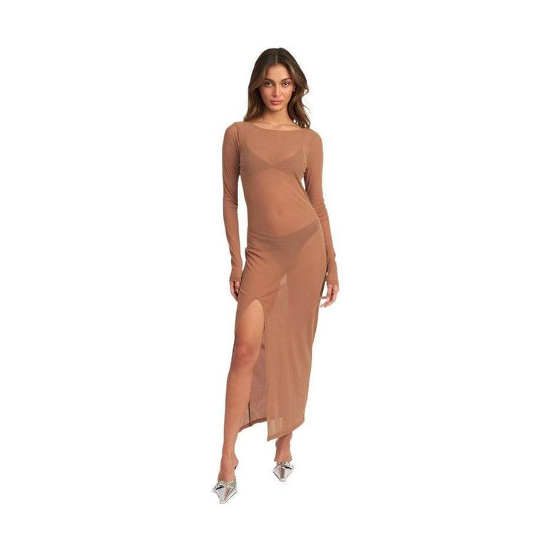 Emory Park Sheer Cover Up Dress in Beige with Long Sleeves and Side Slit for Beach Wear