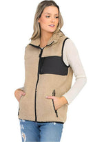 WEIV Women's Sherpa Vest for Travel in Beige with Black Pockets and Zipper for Outdoor Comfort