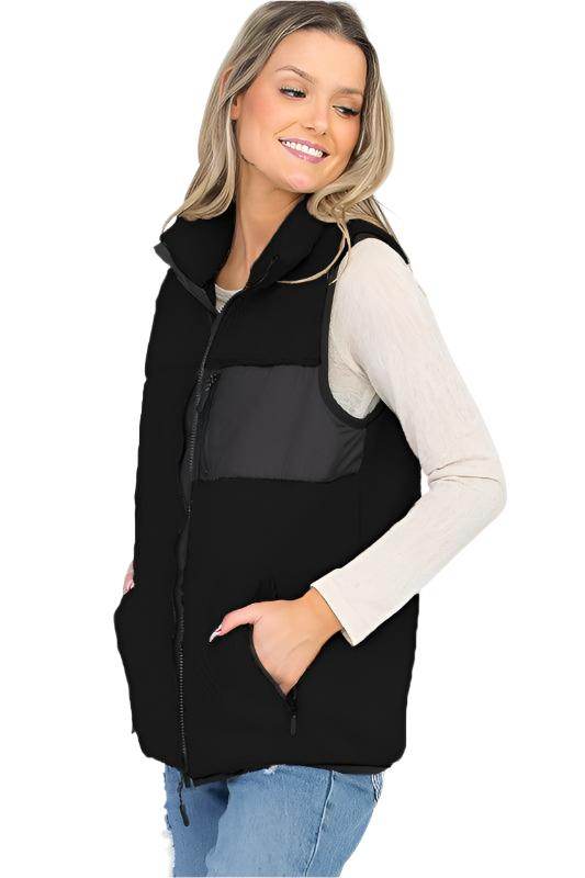 WEIV black sherpa vest for travel with zip front and pockets, perfect for layering and warmth