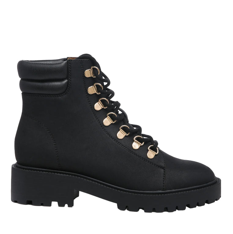 Black boot with gold laces on a white background