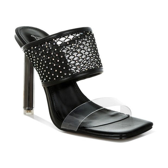 Rag Company black mesh dress heels for women mule with studded mesh upper clear toe strap and stiletto heel