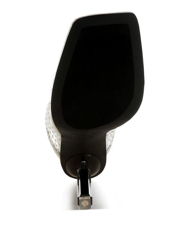 Rag Company black mesh dress heels for women sole view showing black sole stiletto heel and mesh upper
