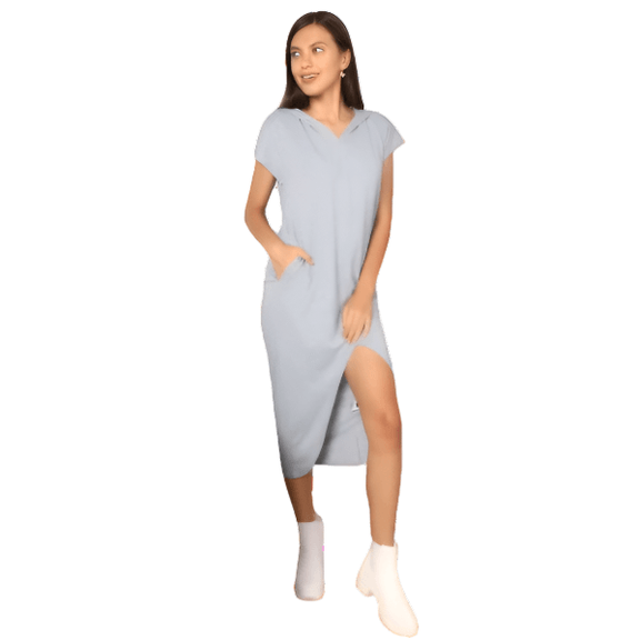 Trendsi short sleeve hooded dress in light gray with pockets and stylish knee-length design