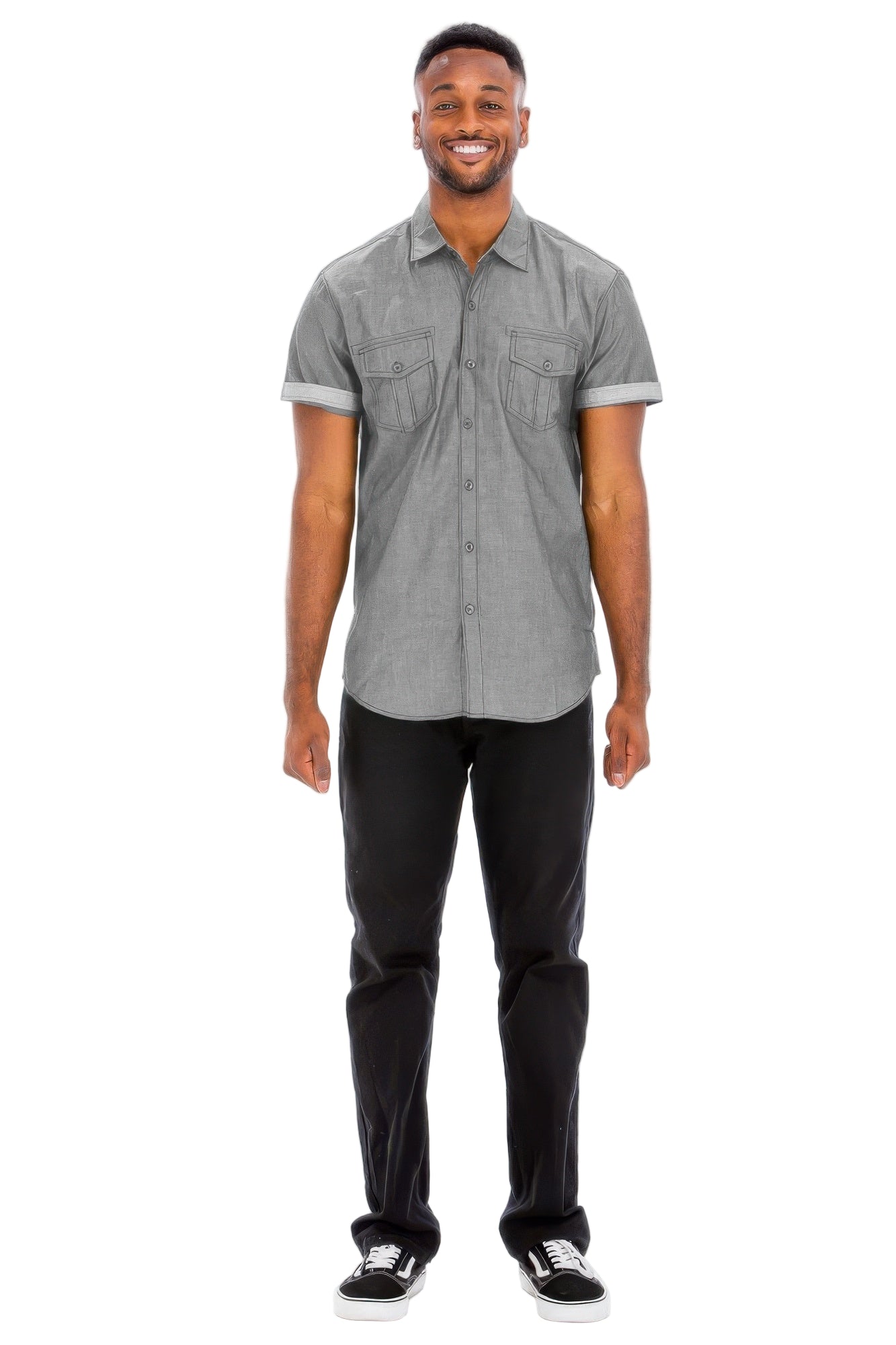 Men's short sleeve vacation shirts in gray with double chest pockets for a stylish look