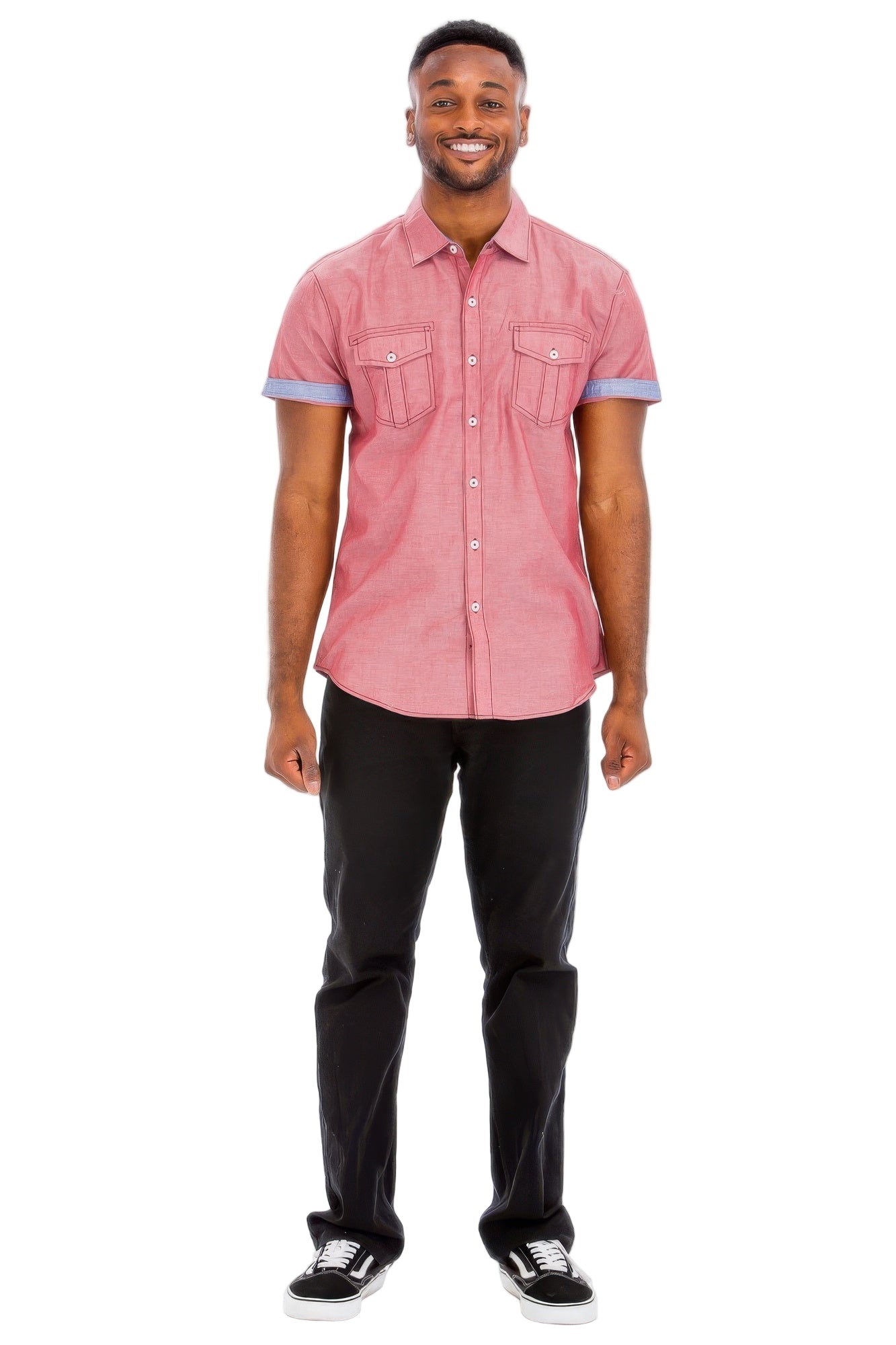 Men's short sleeve vacation shirts in red with contrast sleeves and two front pockets