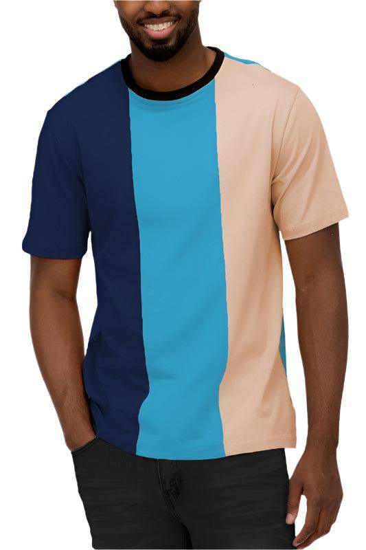Men's WEIV short sleeve vacation t-shirt with a stylish color block design in navy and blue.