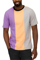 Men's WEIV short sleeve vacation t-shirt in purple and orange color blocks, perfect for casual summer outings