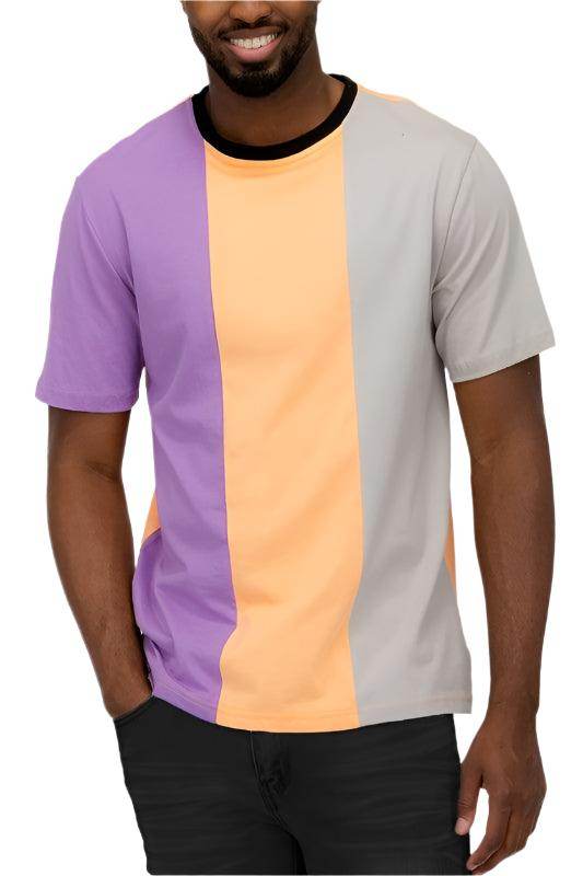Men's WEIV short sleeve vacation t-shirt in purple and orange color blocks, perfect for casual summer outings