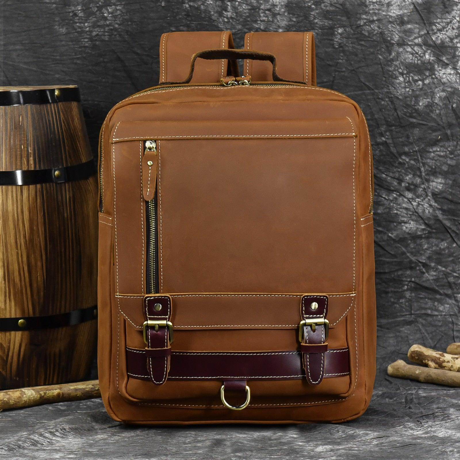 Stylish VacationGrabs shoulder backpack for travel in brown leather with multiple pockets and adjustable straps