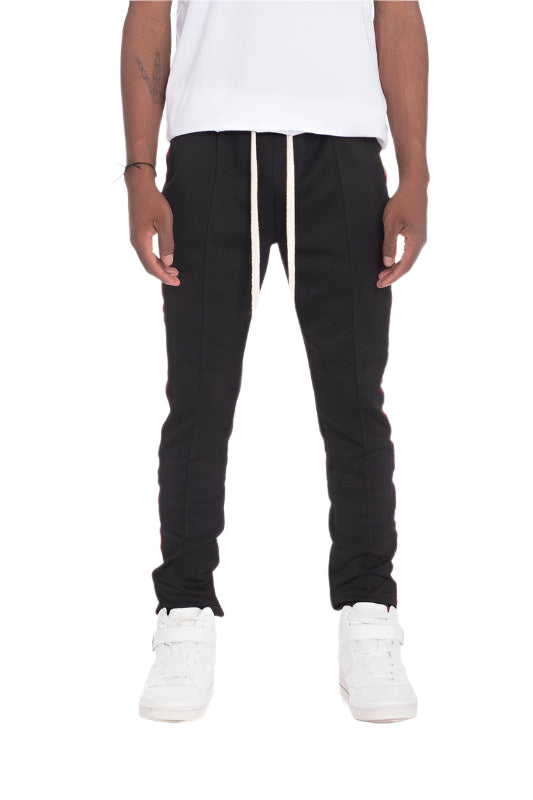 WEIV men's side taped track pants in black with adjustable drawstring and slim fit design