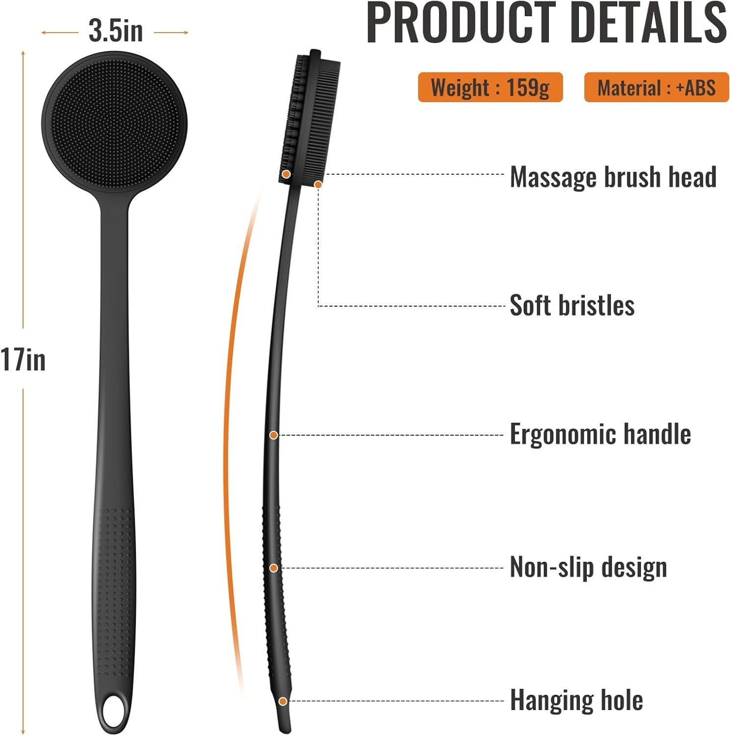 VacationGrabs silicone back scrubber for men with ergonomic handle and soft bristles black