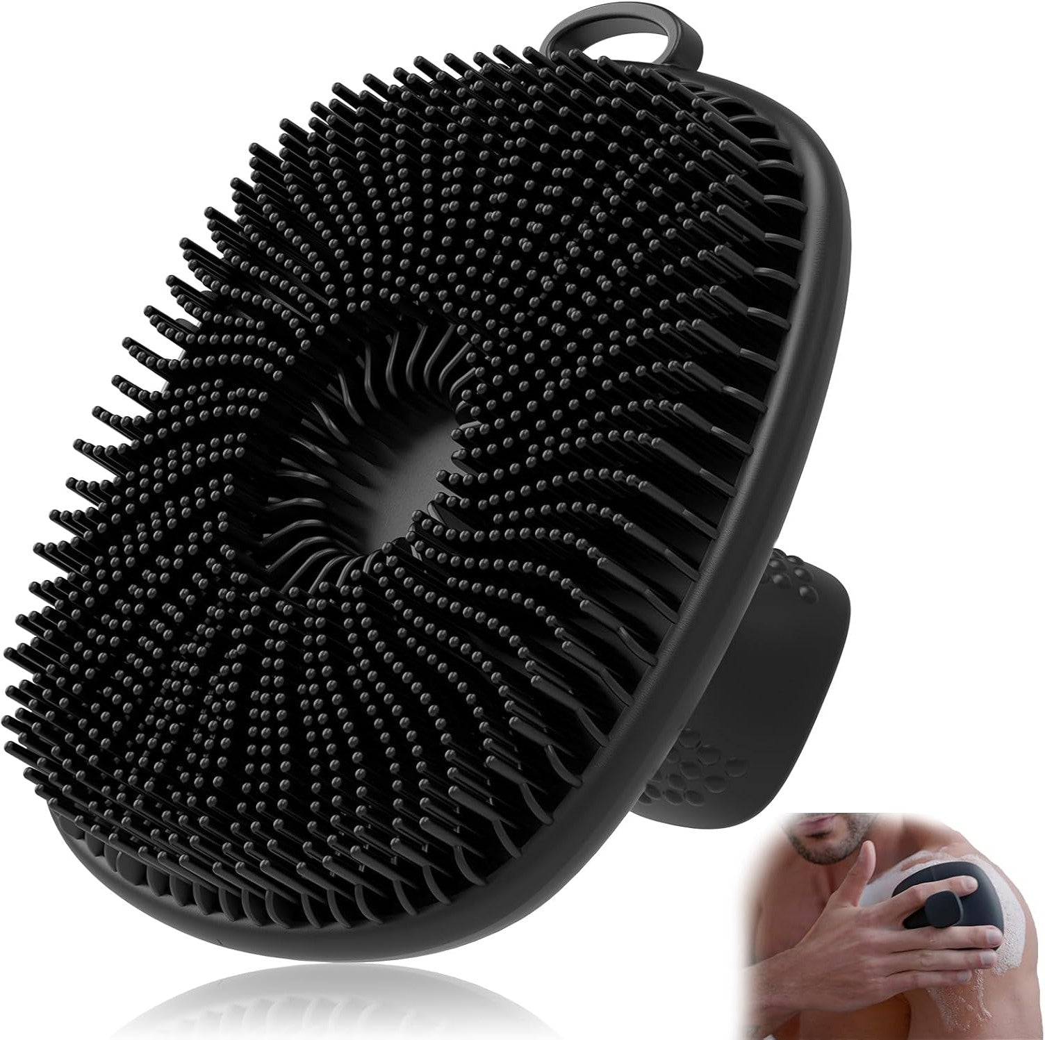 VacationGrabs black silicone body scrubber with soft bristles for men's personal care and shower use