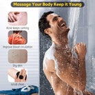 Man enjoying shower with silicone body scrubber for acne, improved circulation, and dry skin relief