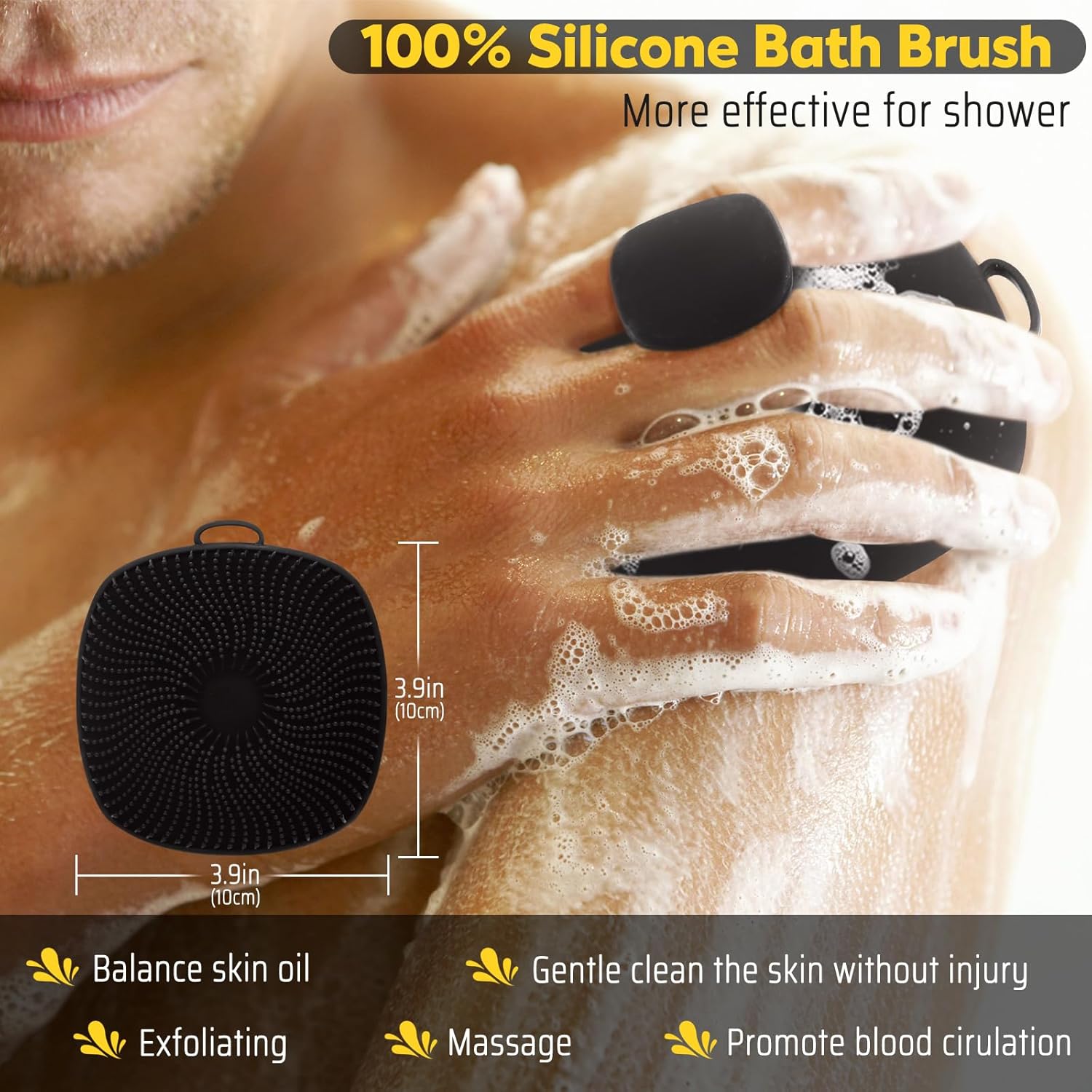VacationGrabs black silicone body scrubber for men exfoliating and massaging skin in shower