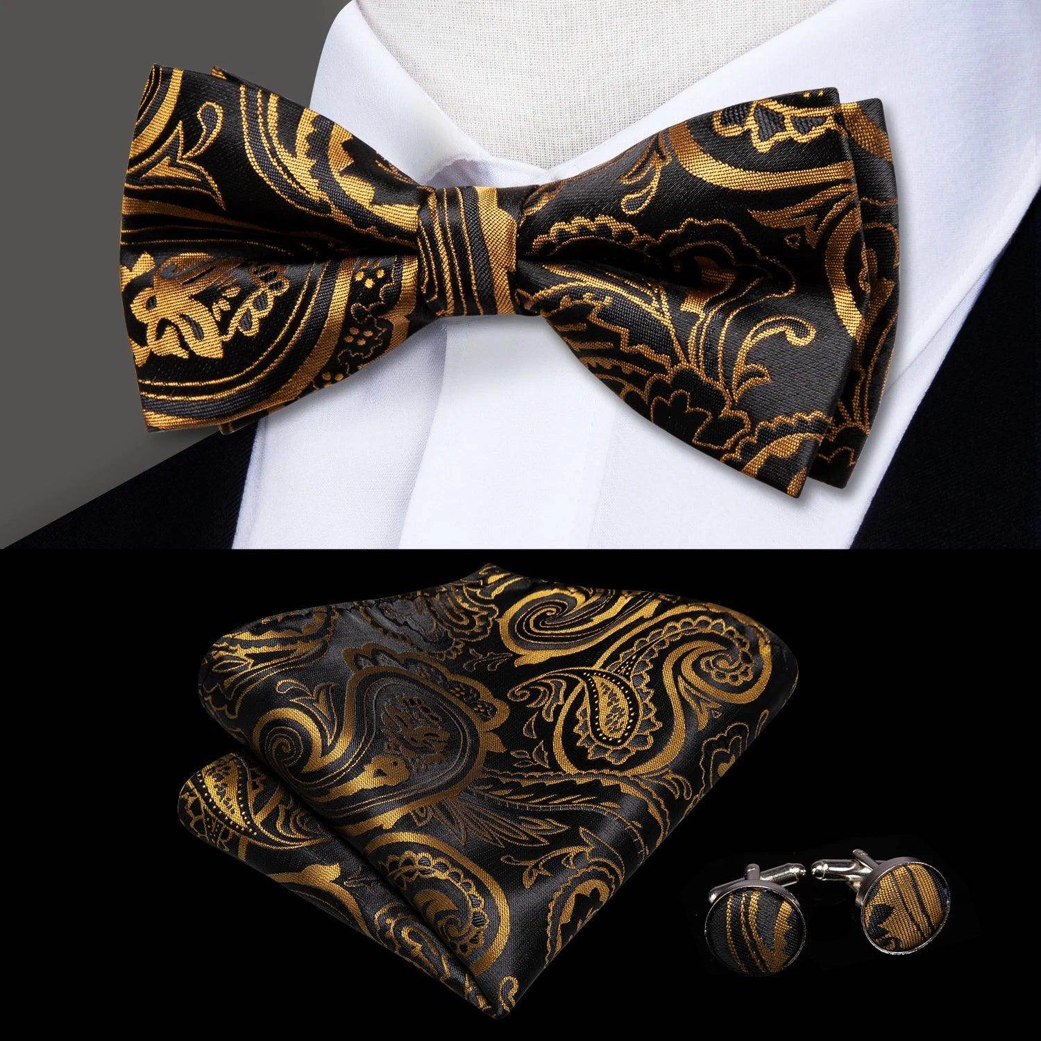 Men's black and gold silk bow ties for men, perfect for formal events