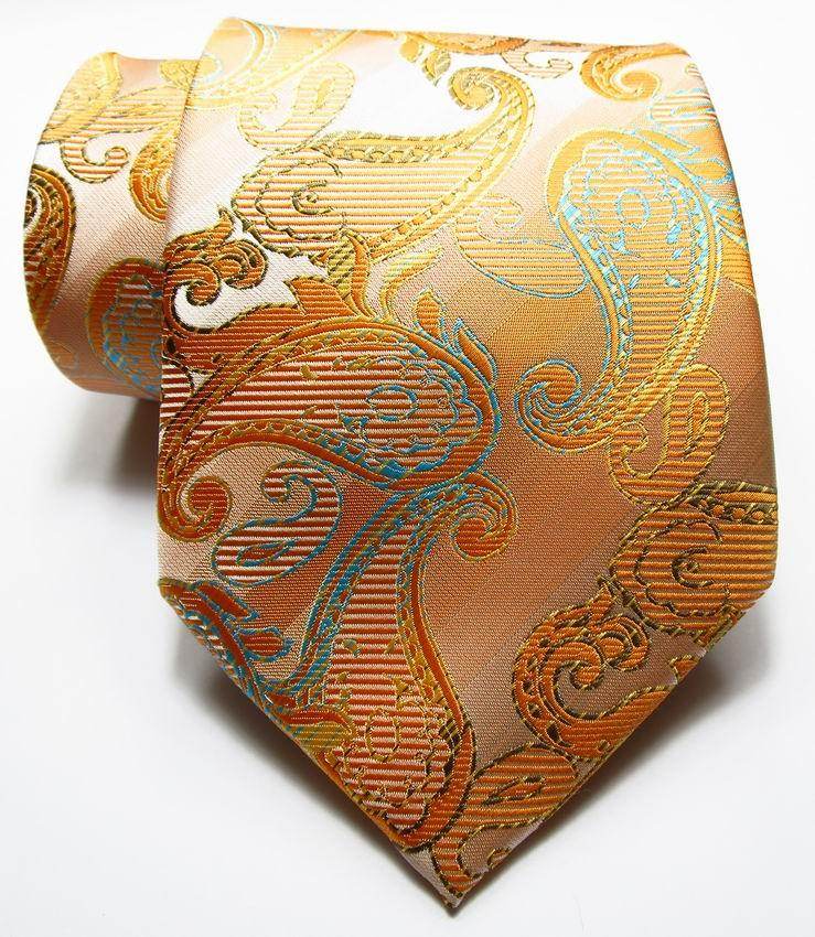 Elegant silk necktie fashion in orange with intricate paisley patterns, perfect for formal occasions