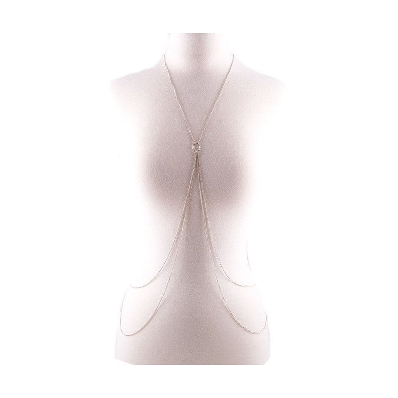 Bella Chic silver double layered body chain jewelry displayed on a white mannequin torso