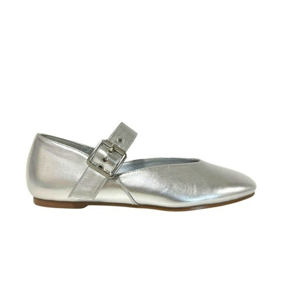 Maker's Shoes silver mary jane flats with buckle strap and low heel for women
