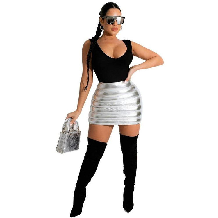 Silver Puffer Skirt Metallic Shiny Quilted Mini Clubwear - VacationGrabs