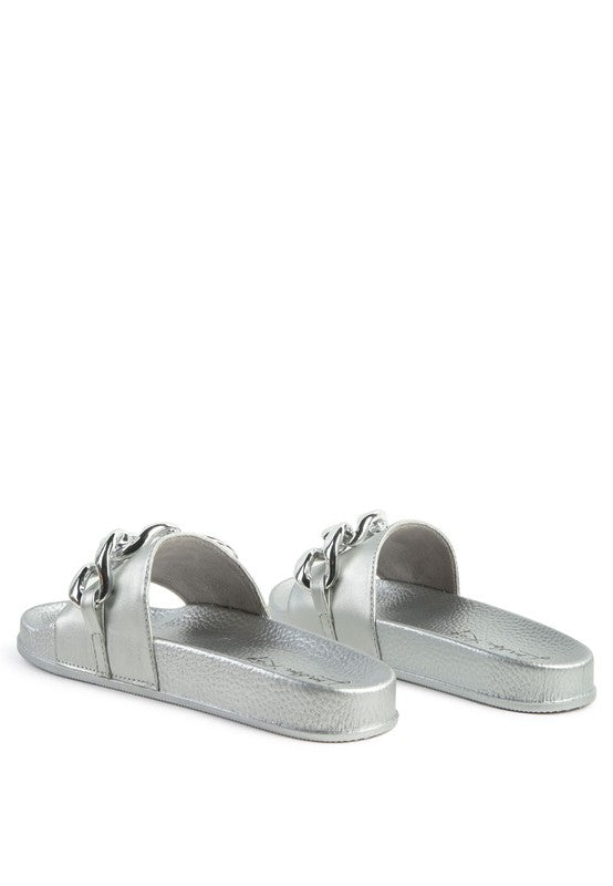 Rag Company silver stylish vacation sandals for women with decorative chain detail and textured sole