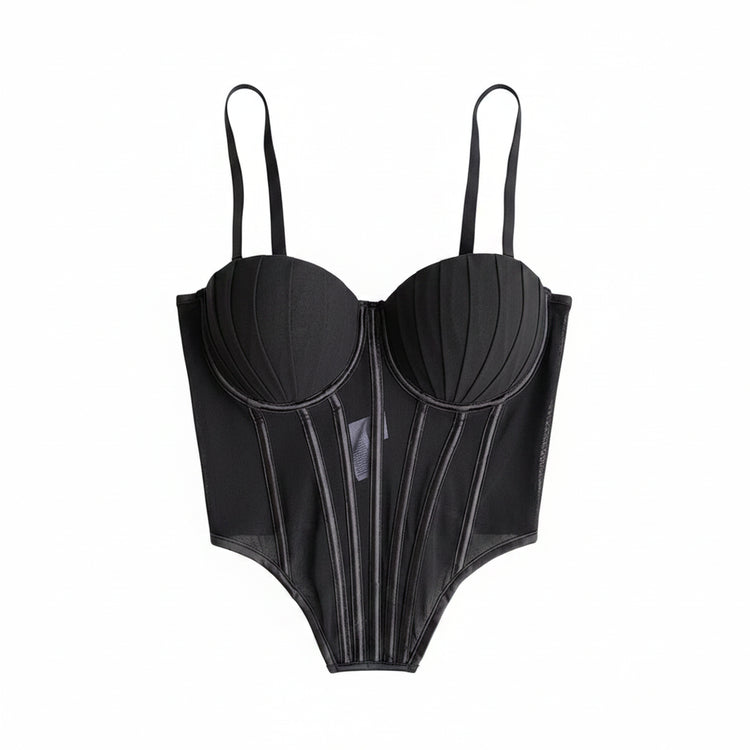 Black sexy bustier camisole for ladies with structured cups and adjustable straps on black surface