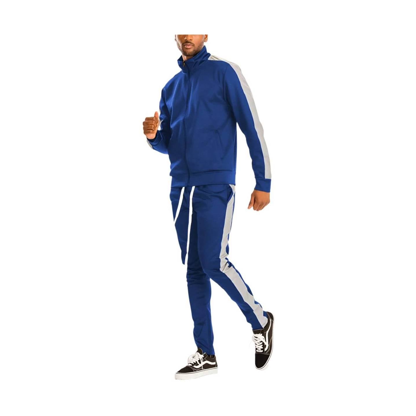 Men's 2PC Track Set in Blue with Single Stripe Track Suit Design for Comfortable Athleisure