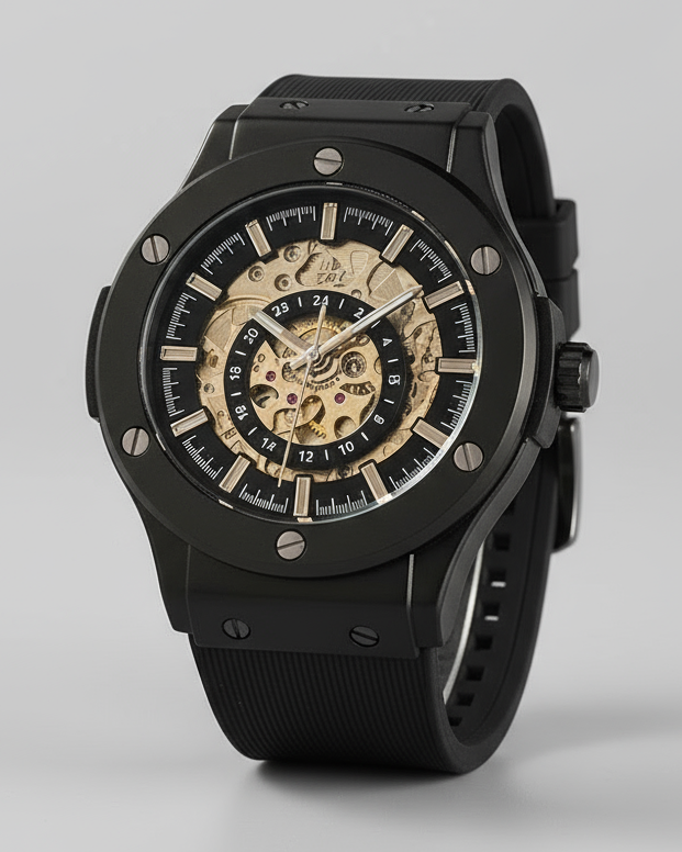 Elegant Dapr skeleton automatic watch for men with a black rubber strap and exposed mechanical movement