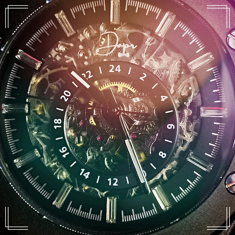 Close-up of Dapr skeleton automatic watch for men featuring intricate mechanical design and stylish dial