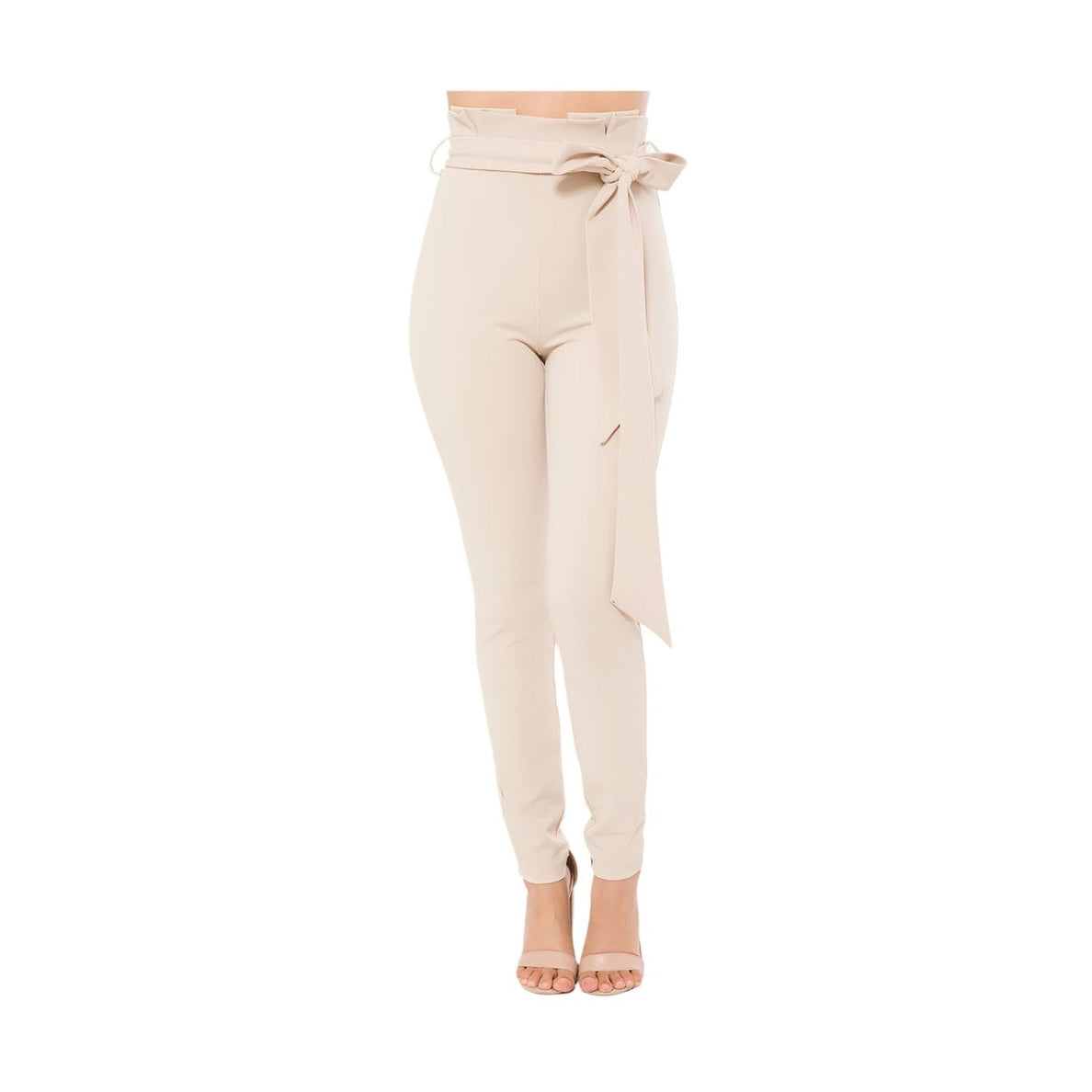 VacationGrabs women's beige skinny pants with belt accent and high waist design