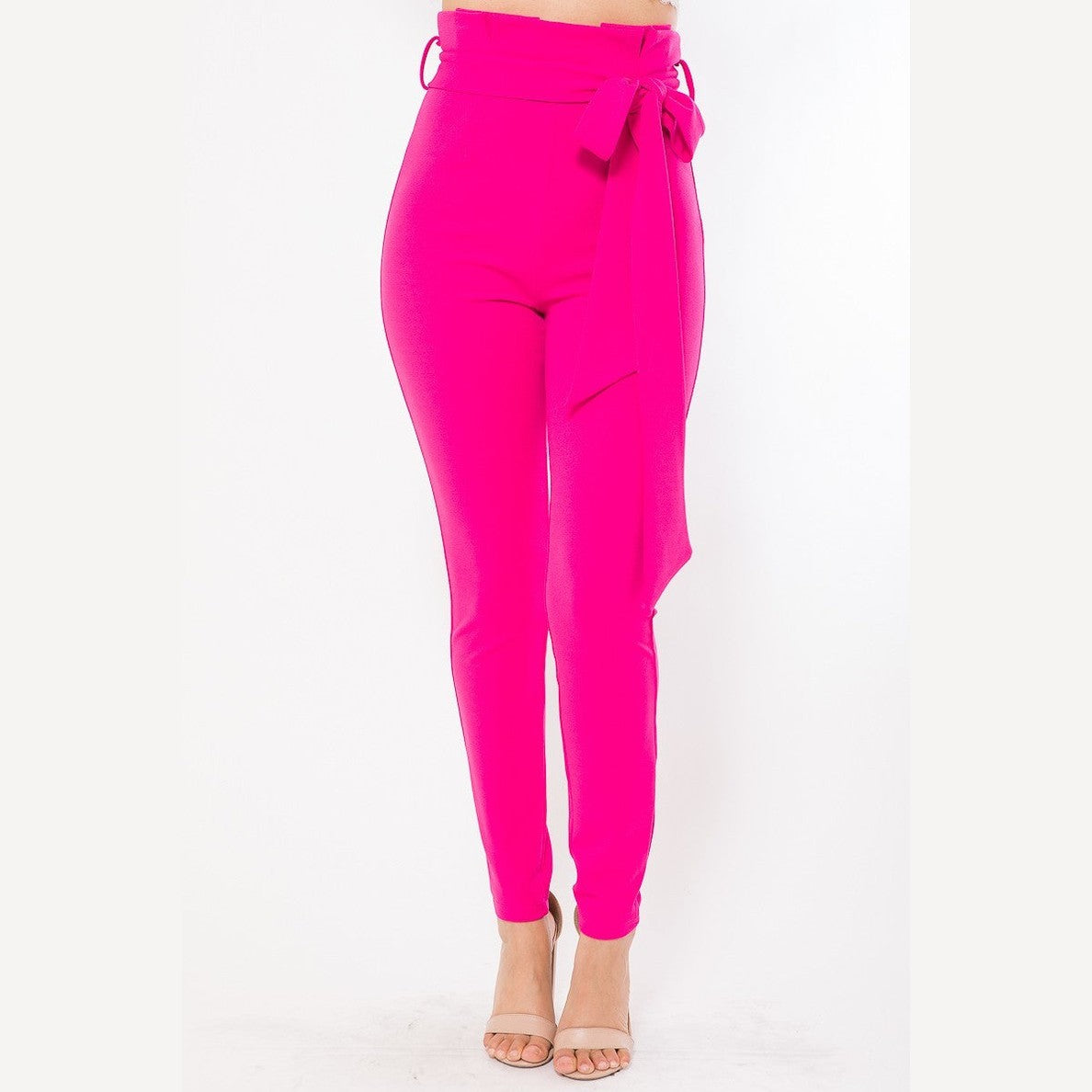 VacationGrabs women's bright pink skinny pants with belt accent and high waist design